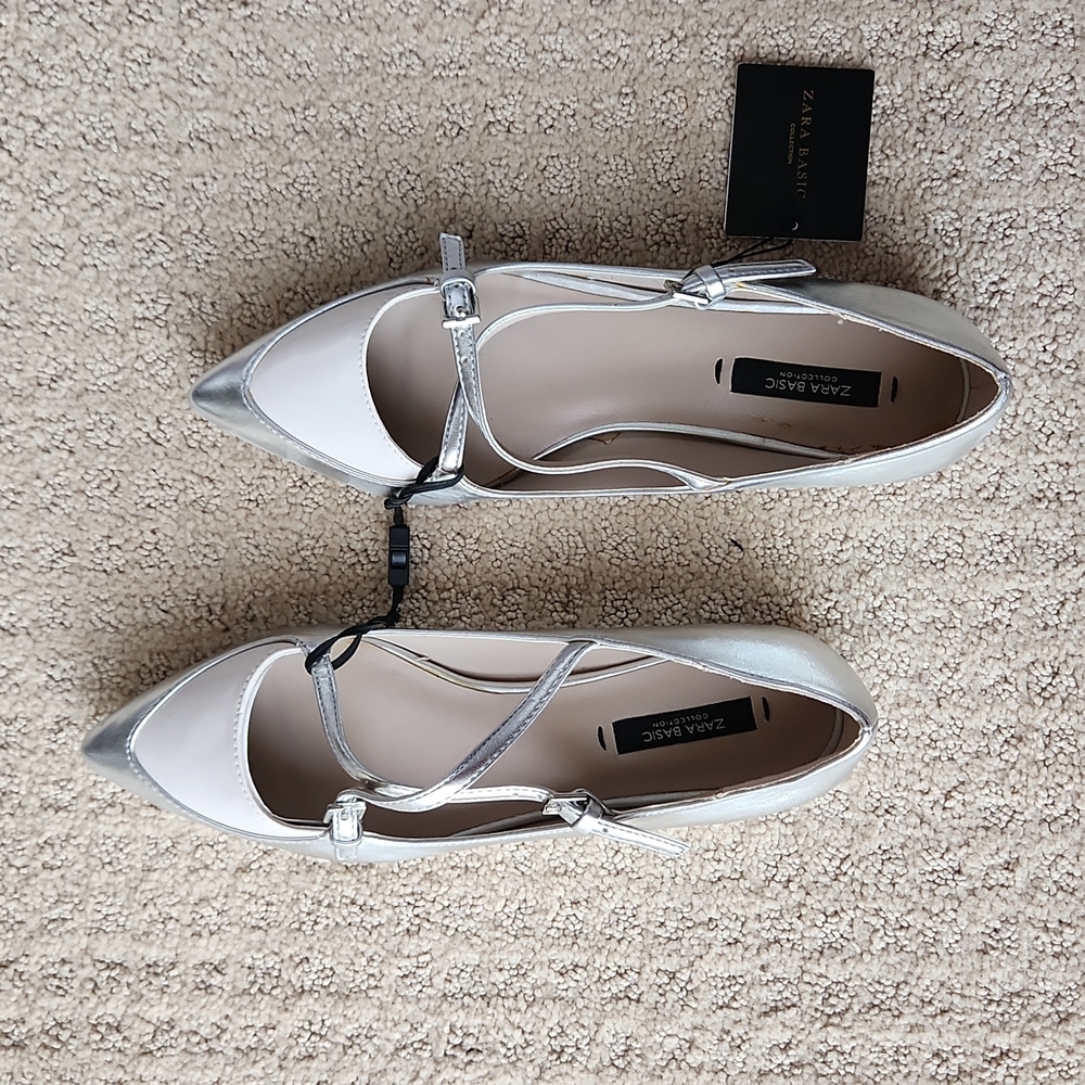 Zara silver leather pointed toe ballerina flats in 37